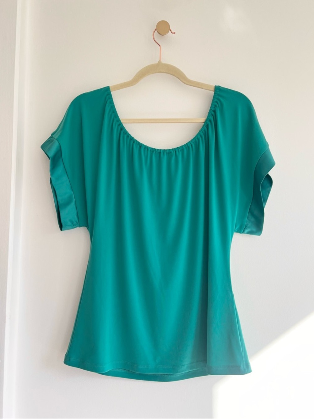 Express Teal Scoop Neck Short Sleeve Blouse with Satin Trim | Women’s XS - Picture 5 of 6